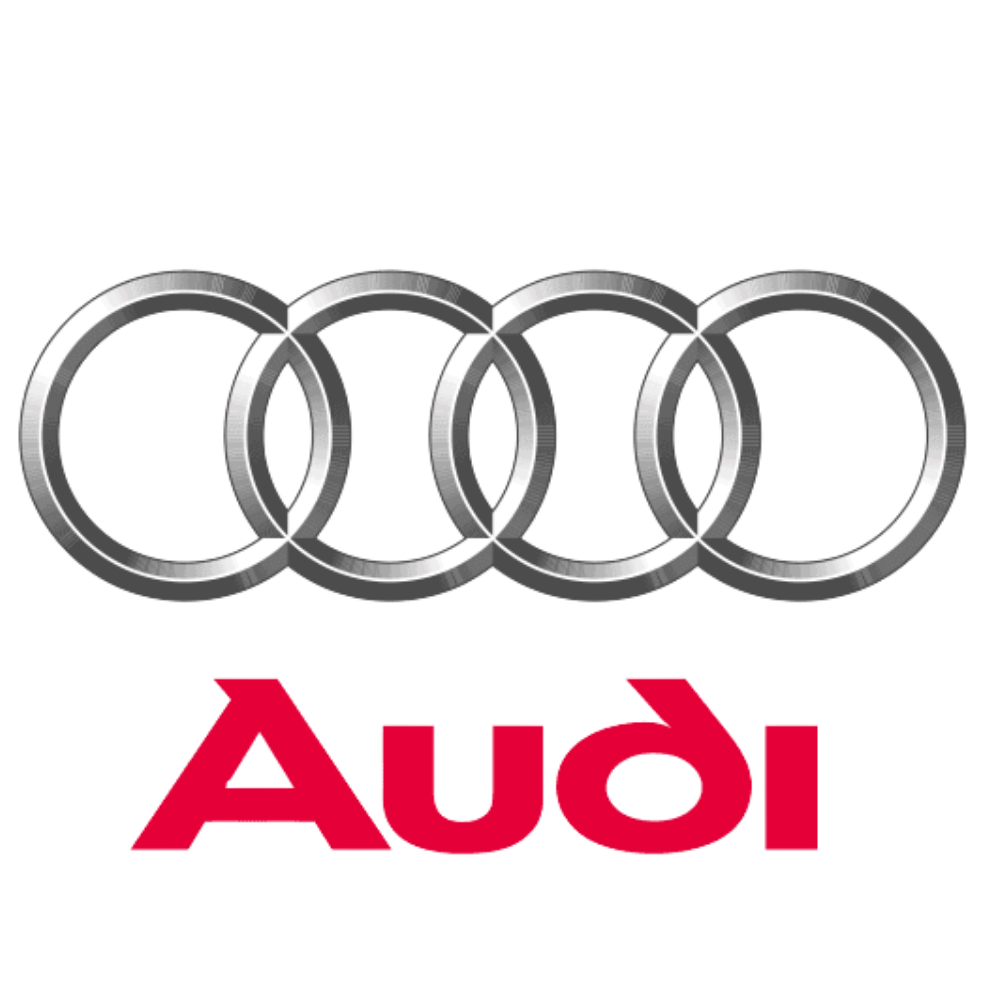Audi logo with overlapping silver rings and red text 'Audi' below.