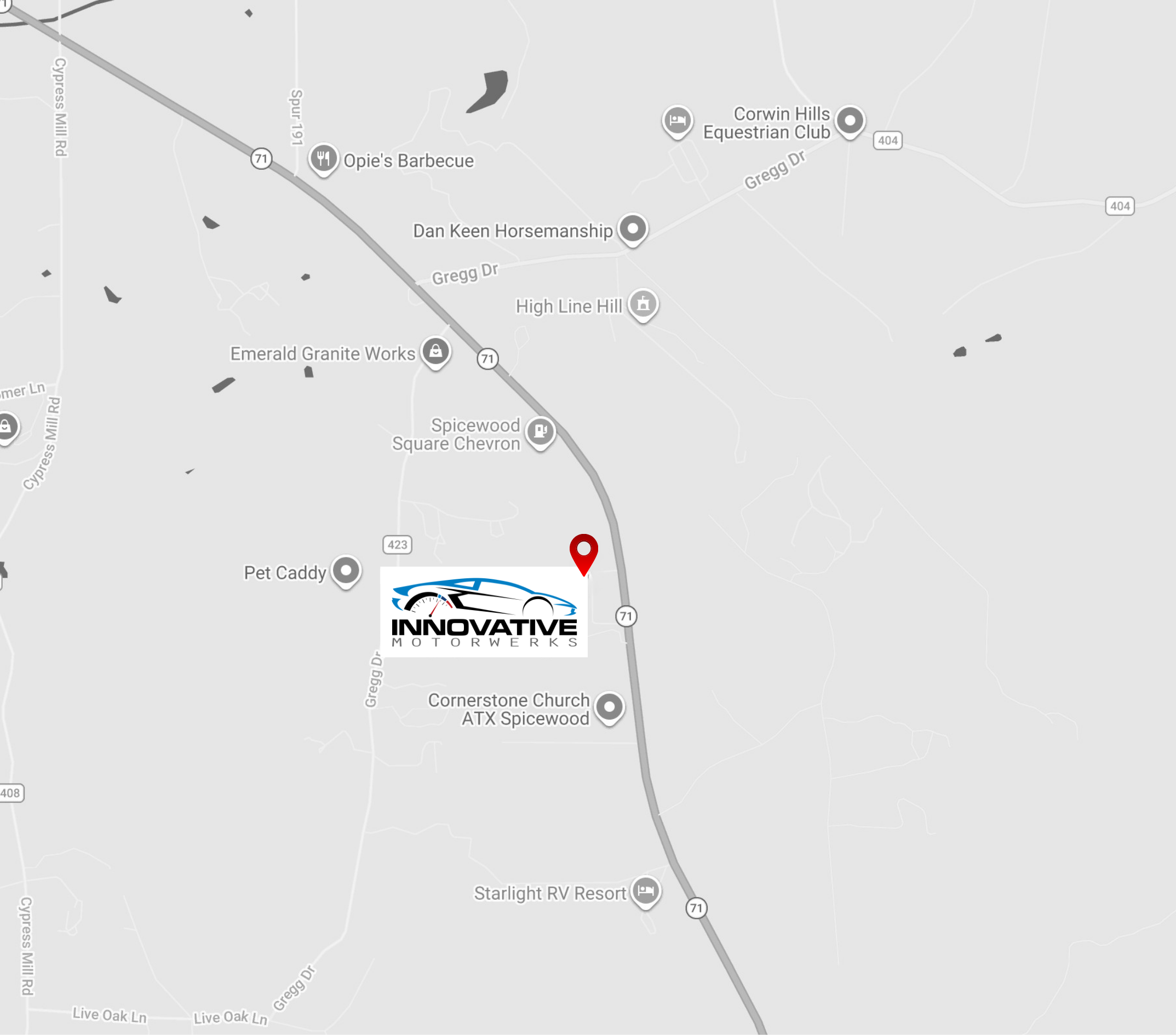 Google map image of Innovative Motorwerks in Spicewood, TX that shows the location with the logo and a location pin image.