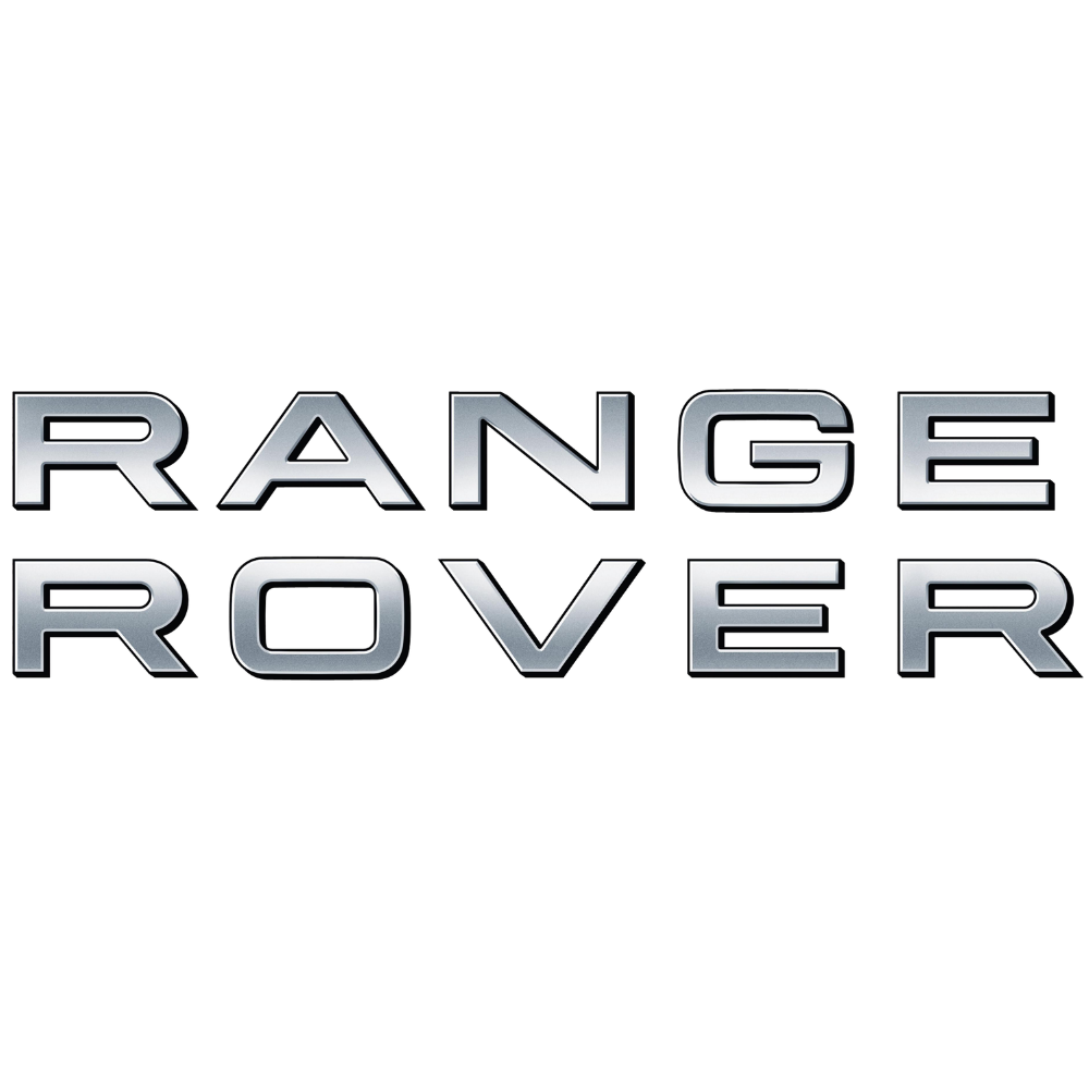 Silver and black logo of the car brand Range Rover with the text "RANGE ROVER"