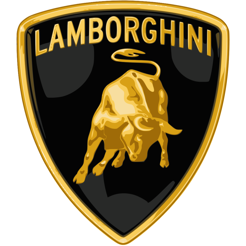 Lamborghini logo featuring a gold bull on a black shield background with gold border and the word 'Lamborghini' at the top.