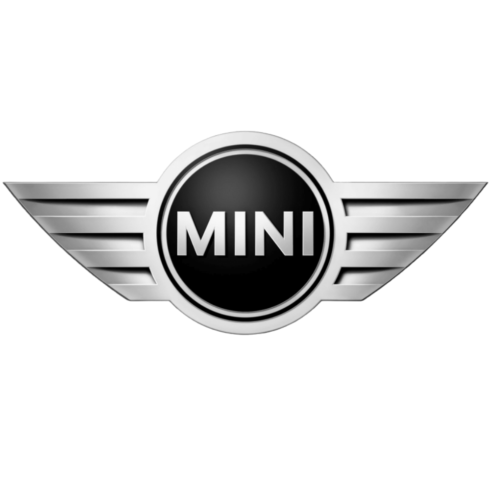 Mini Cooper logo with black and silver design and wings on both sides.