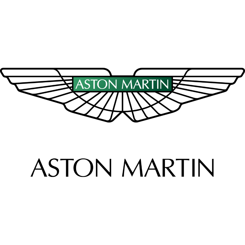 A black background with a silver winged emblem in the center and green rectangular text box with white text reading "Aston Martin."