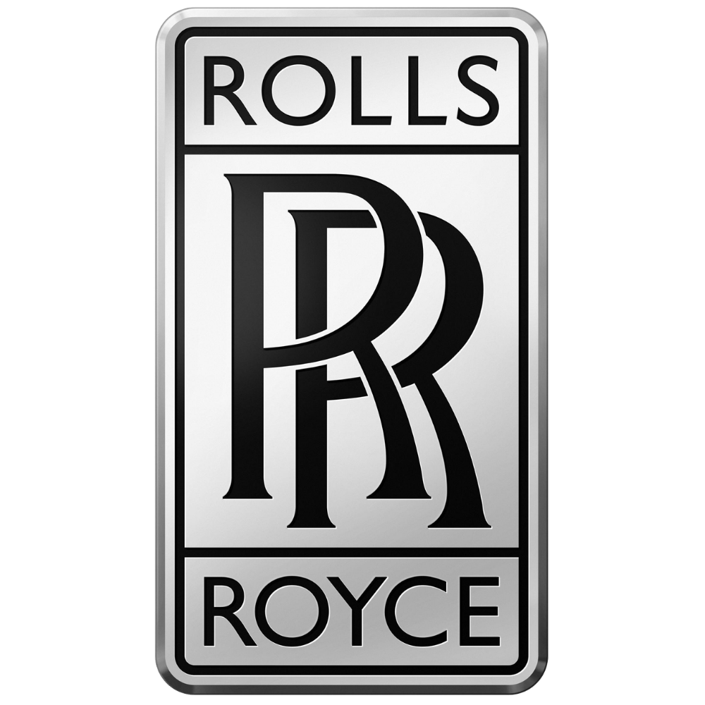 A metallic silver sign with black text and logo for Rolls-Royce, featuring the double R logo in the center.