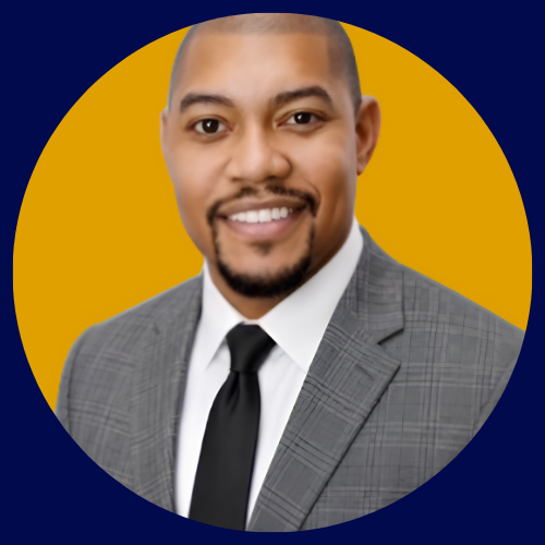 Headshot of Anthony Long, Jr. in a suit and tie smiling against a yellow and dark blue background.