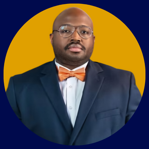 Headshot of Dr. Douglas E. Lewis, Jr. wearing a dark suit and an orange bow tie, posing for a portrait against a yellow background with a blue border.