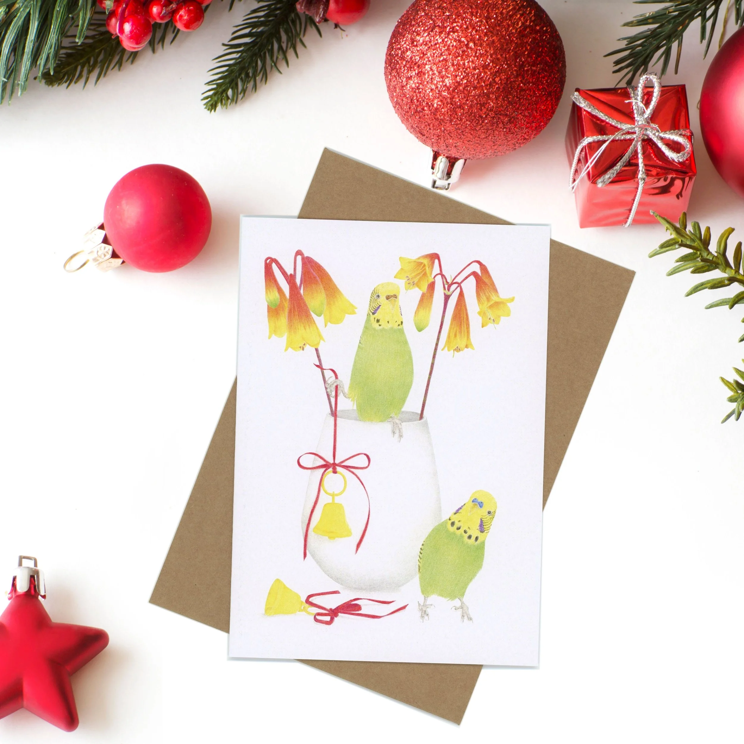 Christmas Bells and Budgies Greeting Card