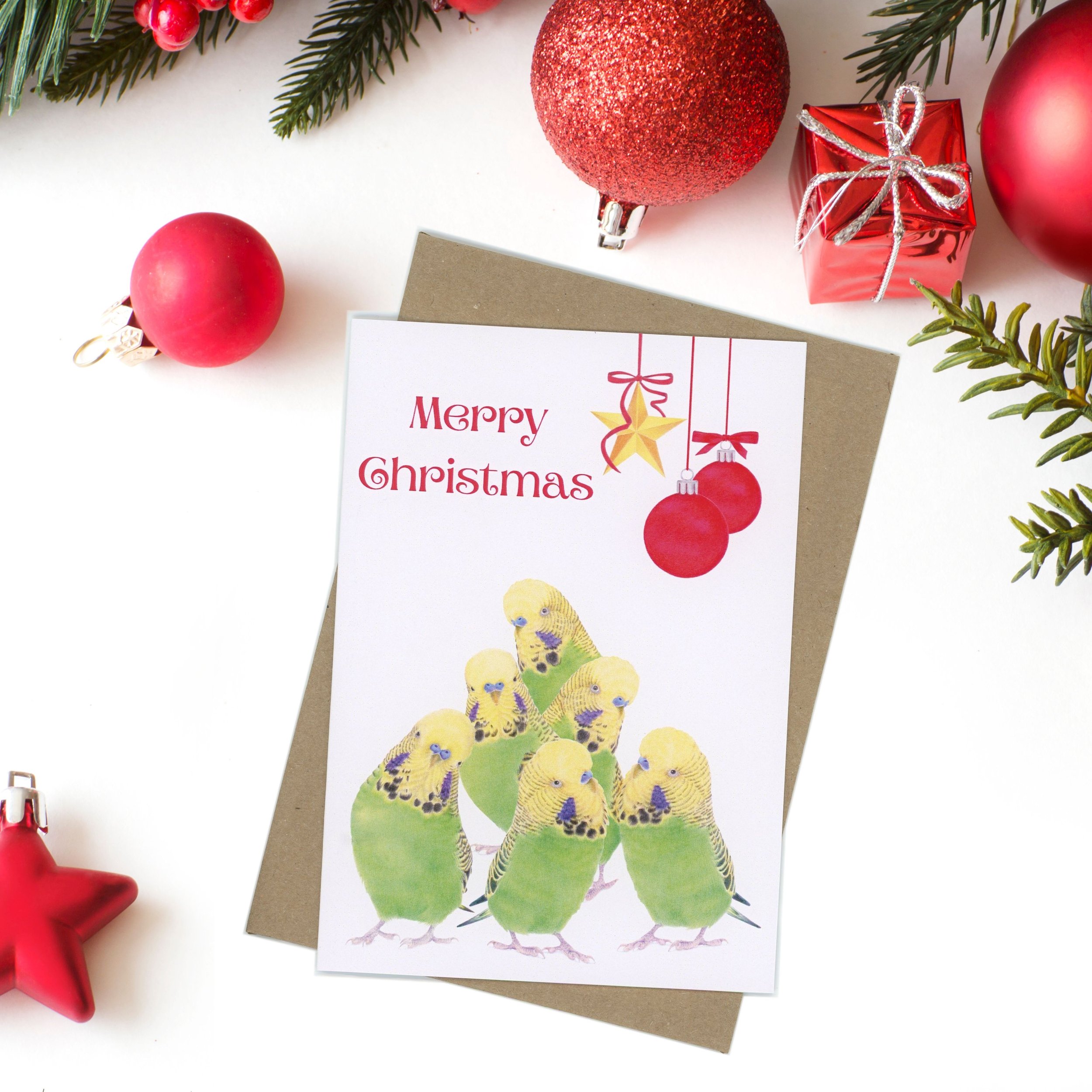 Green budgie Christmas tree Greeting Card