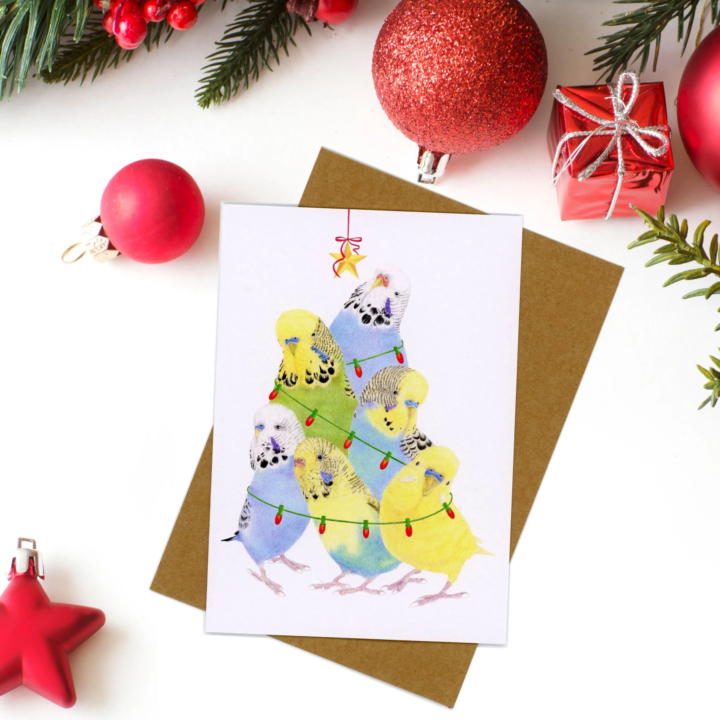 Budgie Christmas tree greeting card.