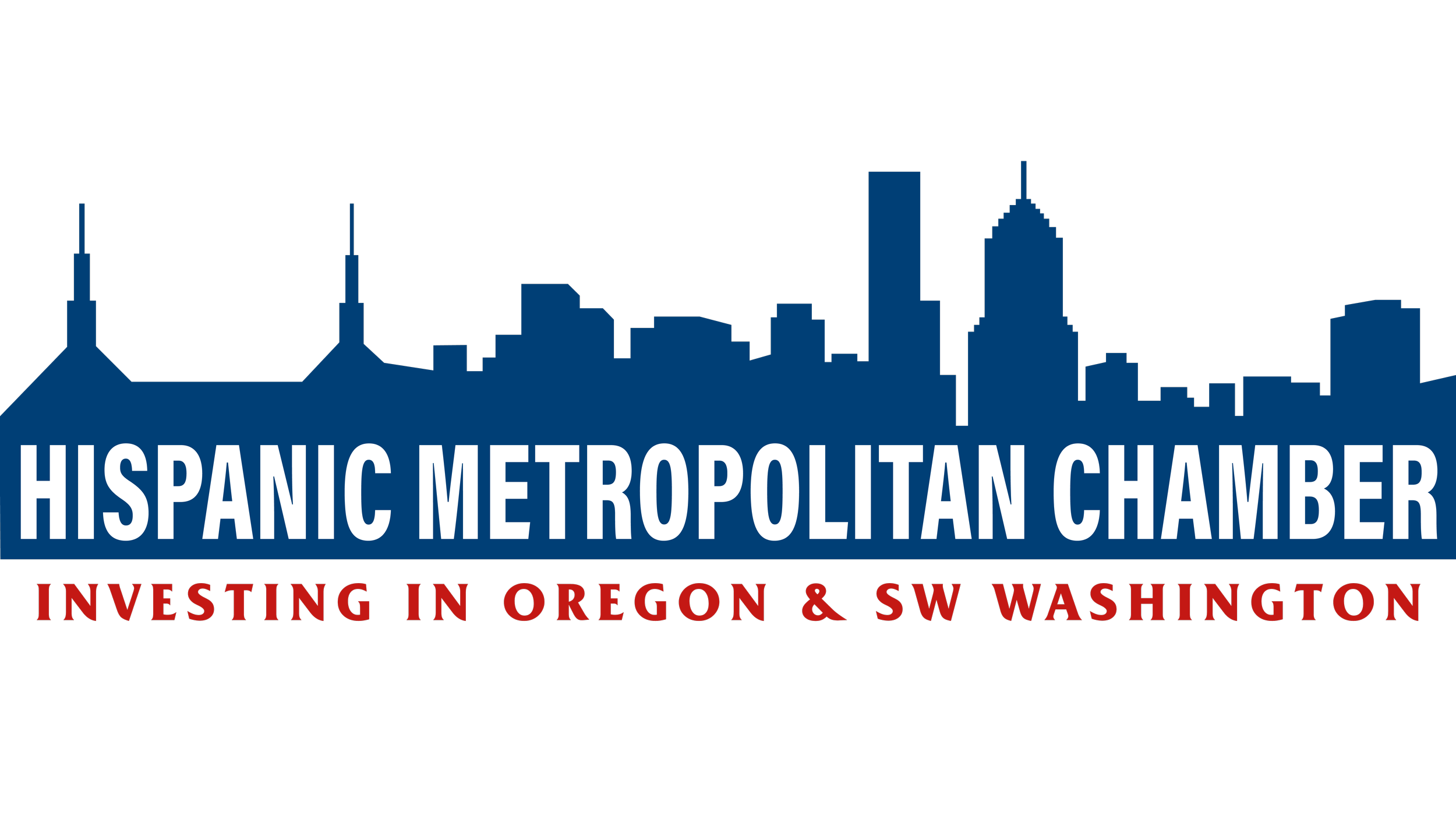Logo of the Hispanic Metropolitan Chamber featuring a city skyline silhouette with the text 'Hispanic Metropolitan Chamber' and the tagline 'Investing in Oregon & SW Washington'.