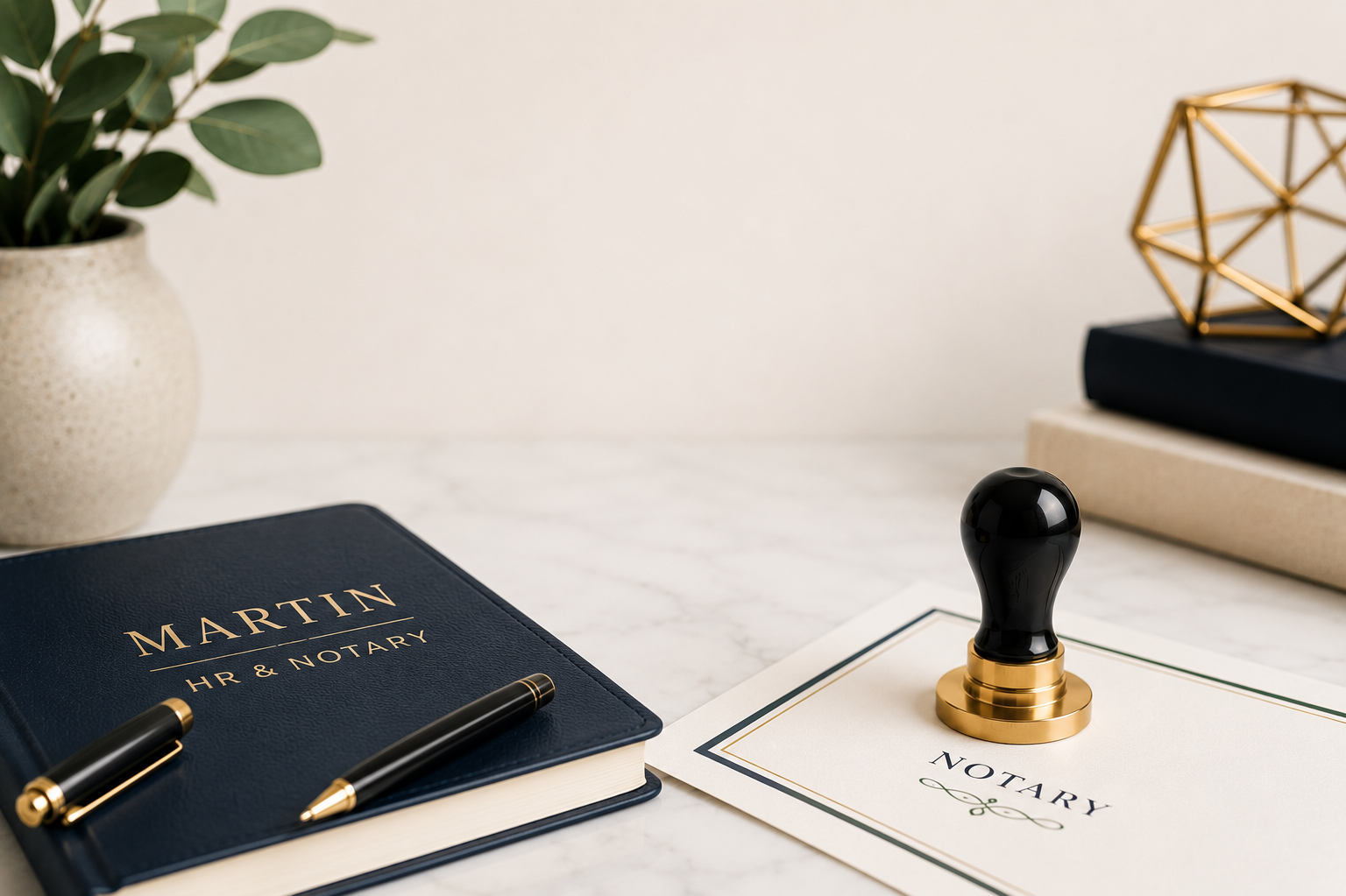 A desk with a navy blue folder labeled "Martin HR & Notary" and a black and gold pen, a notary stamp on a decorative paper, a stack of books, a geometric decor piece, and a potted plant.
