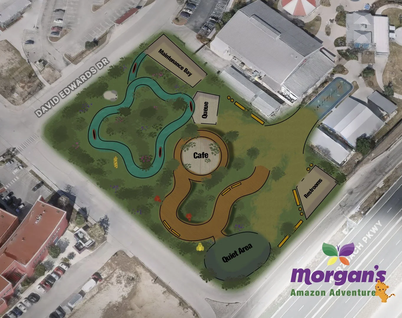 Site plan of Morgan's Amazon Adventure with labeled areas including a stream, maintenance bay, queue, cafe, restrooms, and quiet area. Surrounding parking lots and roads are visible.