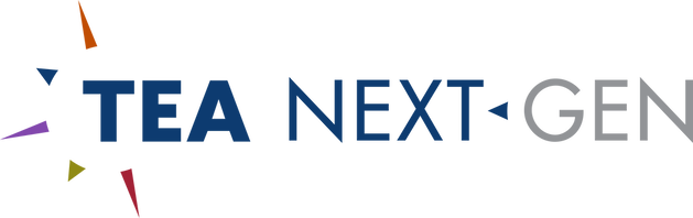 Logo with the text 'TEA NEXT-GEN' in bold blue and gray letters, accompanied by colorful abstract shapes around the text.