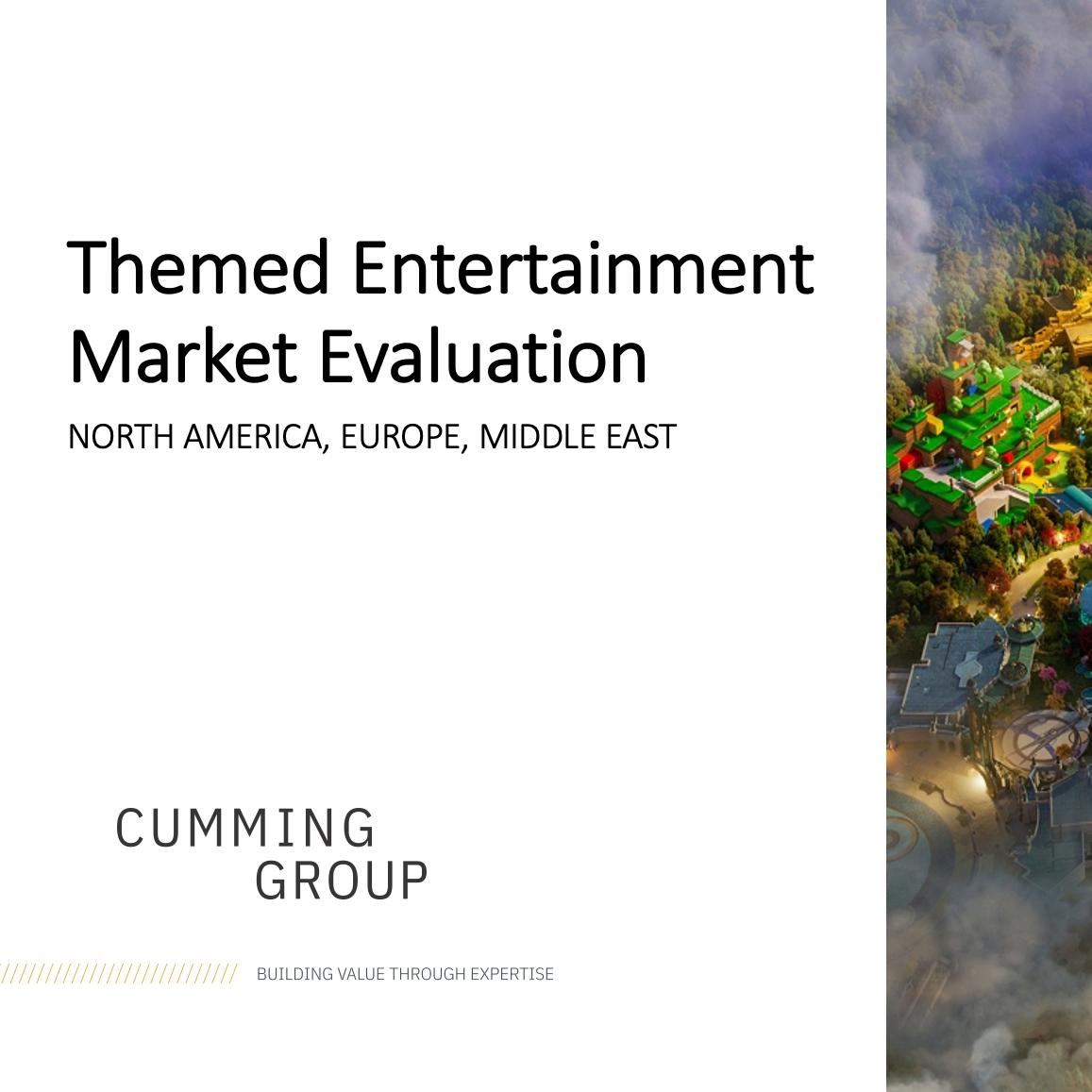 Cover slide of a presentation titled 'Themed Entertainment Market Evaluation' with regions North America, Europe, Middle East, and a colorful airship park in the background.