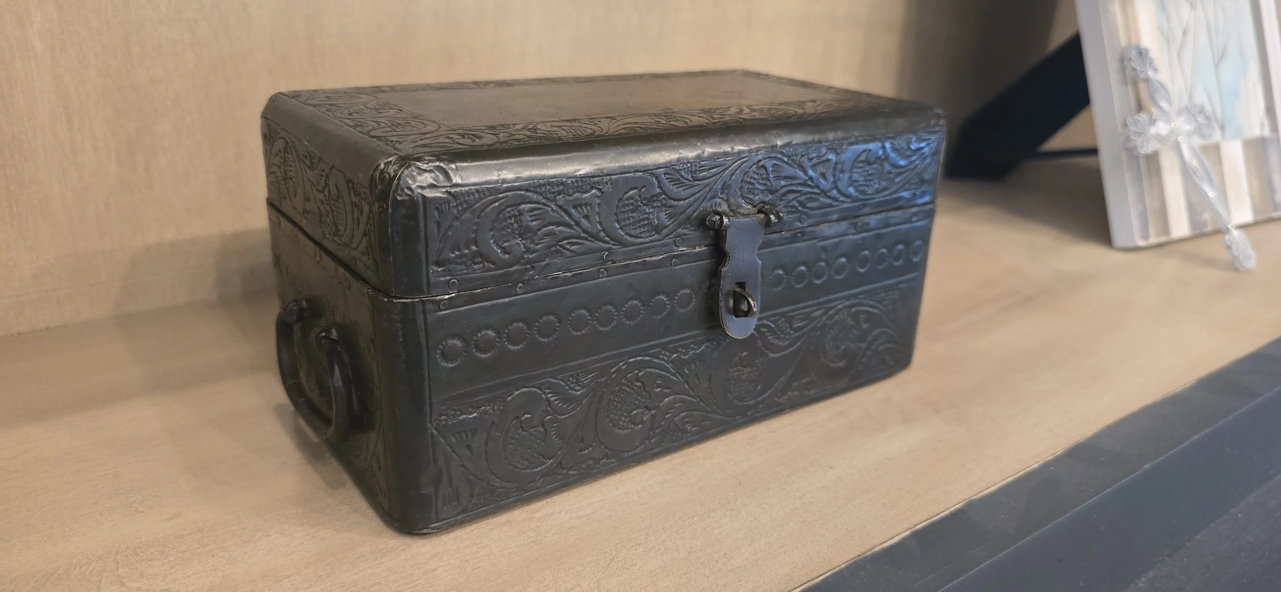 Vintage Wood & Metal Storage Box with Ornate Scrollwork