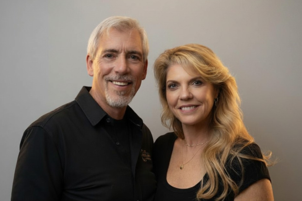 A middle-aged man with gray hair and a beard wearing a black shirt, standing next to a woman with long blonde hair wearing a black top. Both are smiling and looking at the camera against a plain background.