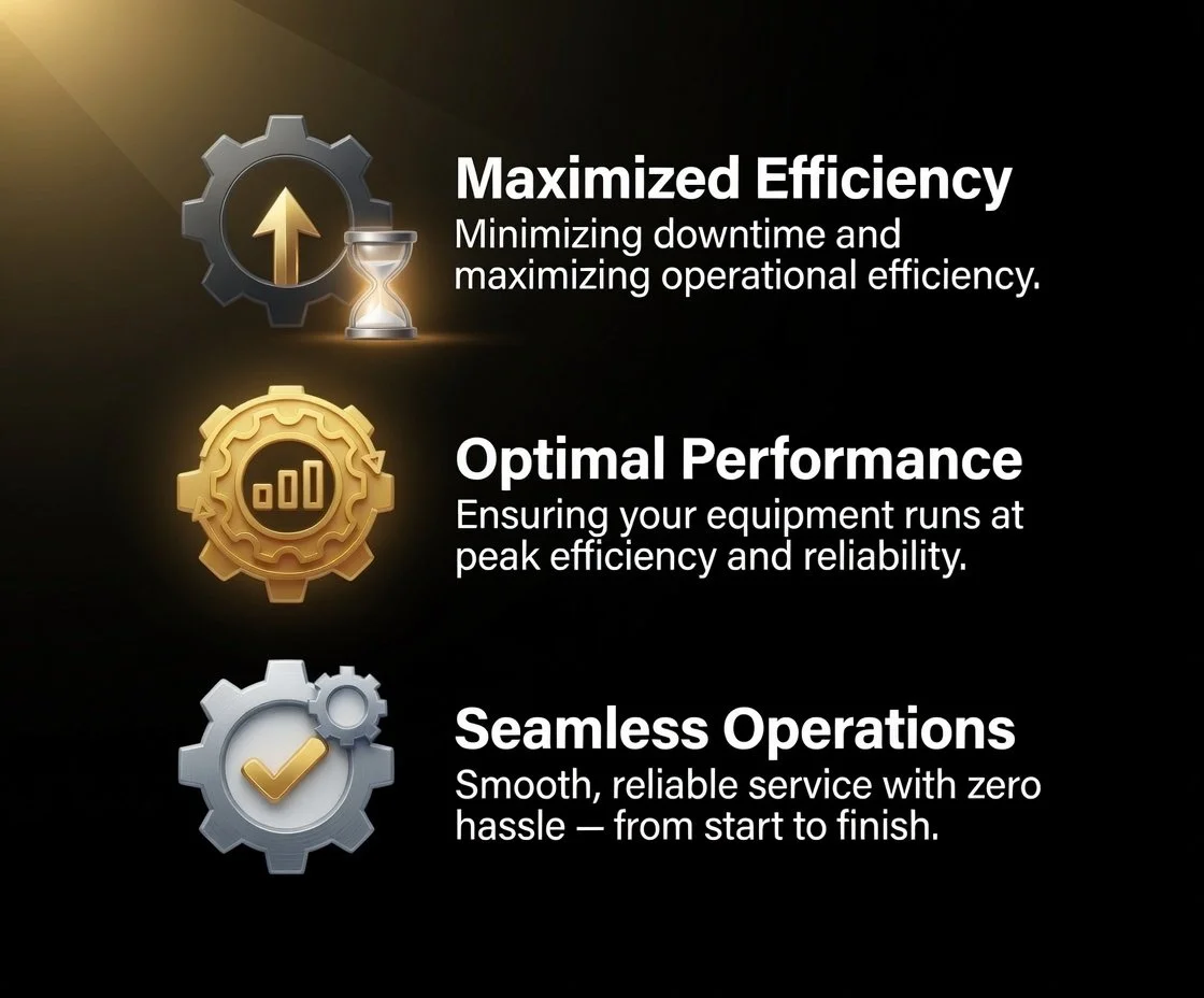 An infographic with three sections highlighting benefits of efficient operations. The first section features a gear with an upward arrow and an hourglass, labeled "Maximized Efficiency" with the description "Minimizing downtime and maximizing operational efficiency." The second section shows a gear with a graph, labeled "Optimal Performance" with the description "Ensuring your equipment runs at peak efficiency and reliability." The third section displays a gear with a checkmark, labeled "Seamless Operations" with the description "Smooth, reliable service with zero hassle — from start to finish."