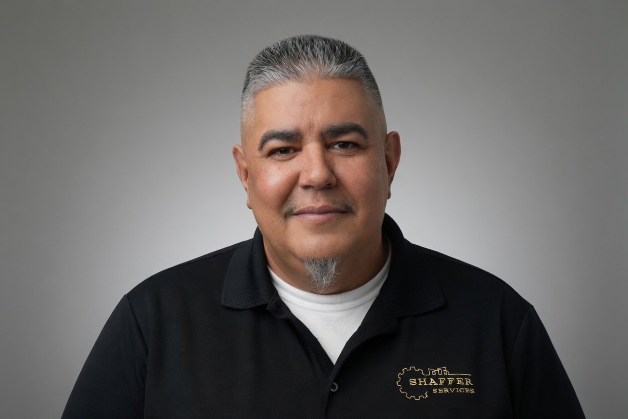 Portrait of a man with short gray hair and a goatee, wearing a black shirt with 'Shaffer Services' embroidered on it, against a gray background.