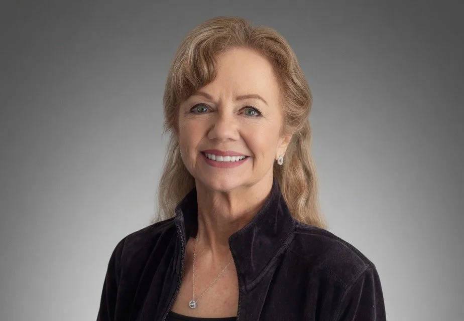 A smiling middle-aged woman with light brown hair, wearing a black jacket and jewelry, against a grey background.