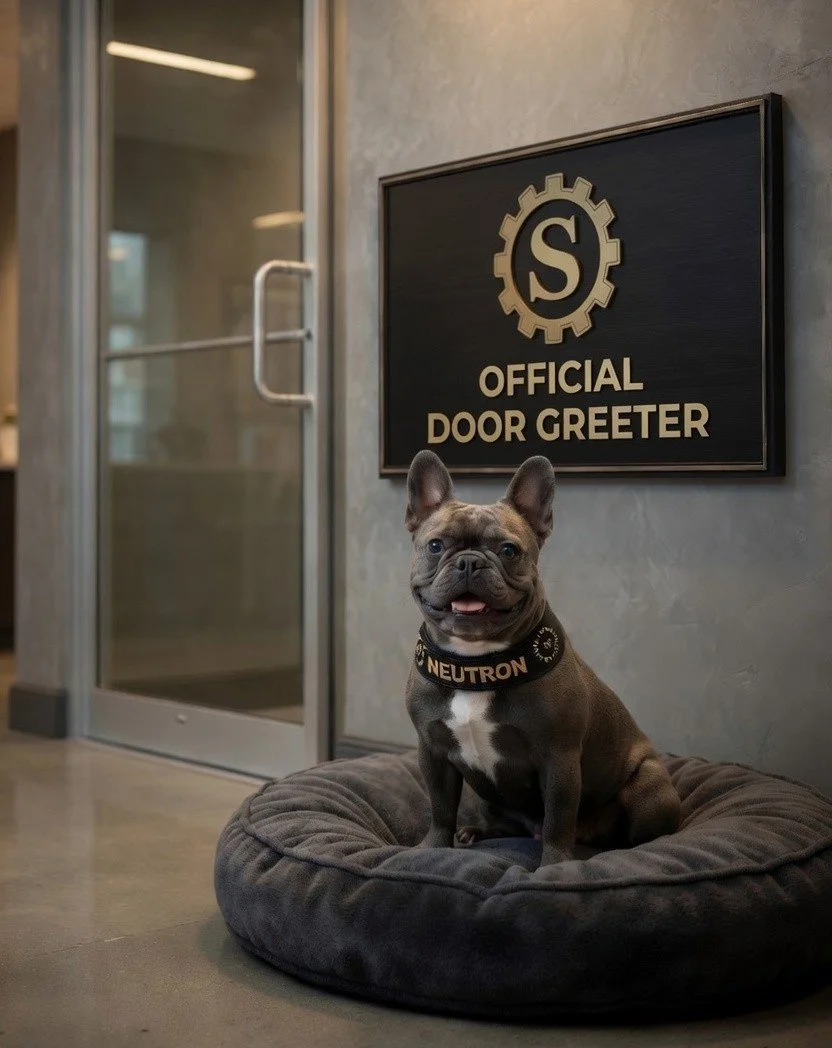 A French Bulldog sitting on a gray dog bed inside an office, smiling with its tongue slightly out, wearing a collar with the text 'NEUTRON,' in front of a sign that says 'Official Door Greeter' with a gear and dollar sign logo.