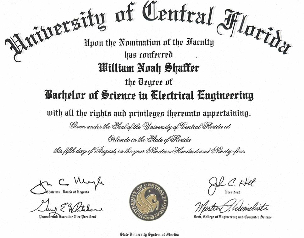 Diploma certificate from the University of Central Florida awarded to William Noah Shaffer for Bachelor of Science in Electrical Engineering, dated August 15, 1985, with signatures and university seal.