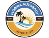 Florida Autobody Association logo with a sun setting over a palm tree island.