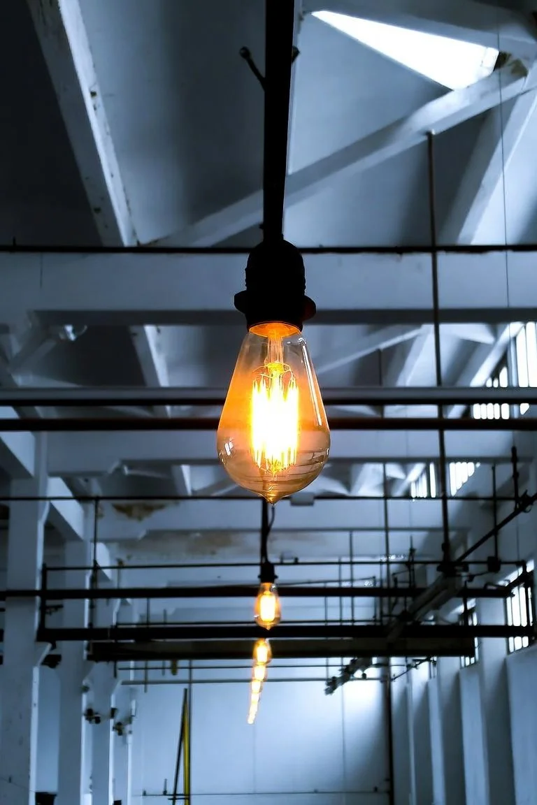 A row of vintage Edison-style filament light bulbs hanging from the ceiling in an industrial-style space.