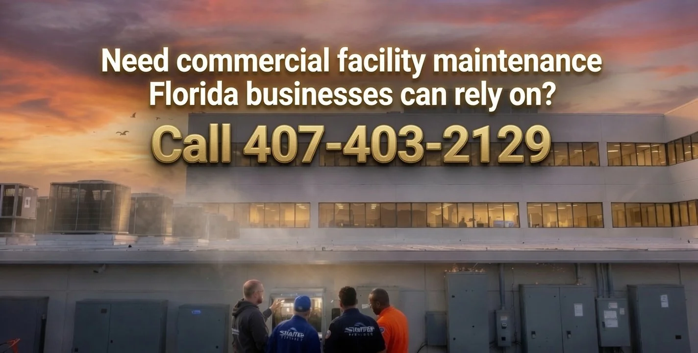 An advertisement for commercial facility maintenance services in Florida with a background of a building at sunset and four people in work uniforms in the foreground.