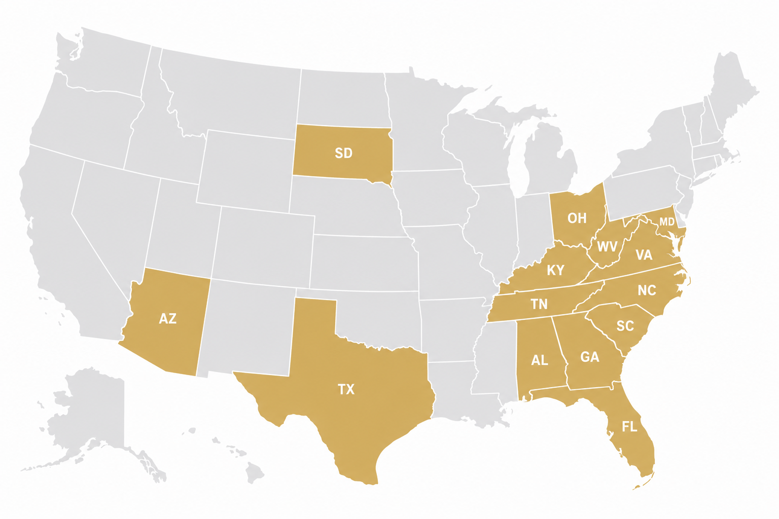 Map of the United States highlighting 13 states in gold: South Dakota, Ohio, Maryland, Virginia, North Carolina, South Carolina, Georgia, Florida, Alabama, Texas, Arizona, Kansas, and Wyoming.