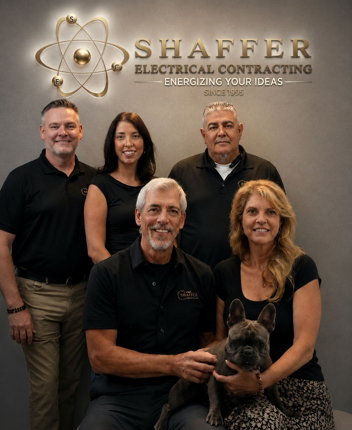 Group photo of five employees and a French Bulldog in front of a wall with the Shaffer Electrical Contracting logo and atom symbol.