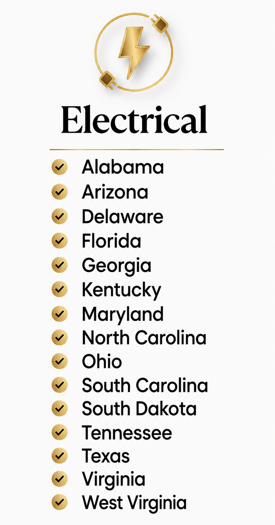 List of states with checkmarks, titled 'Electrical' with a lightning bolt icon at the top.