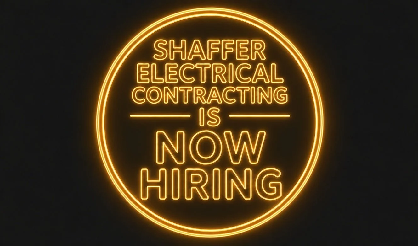 Neon sign announcing that Shaffer Electrical Contracting is now hiring, with a circular border and illuminated text in yellow on a black background.