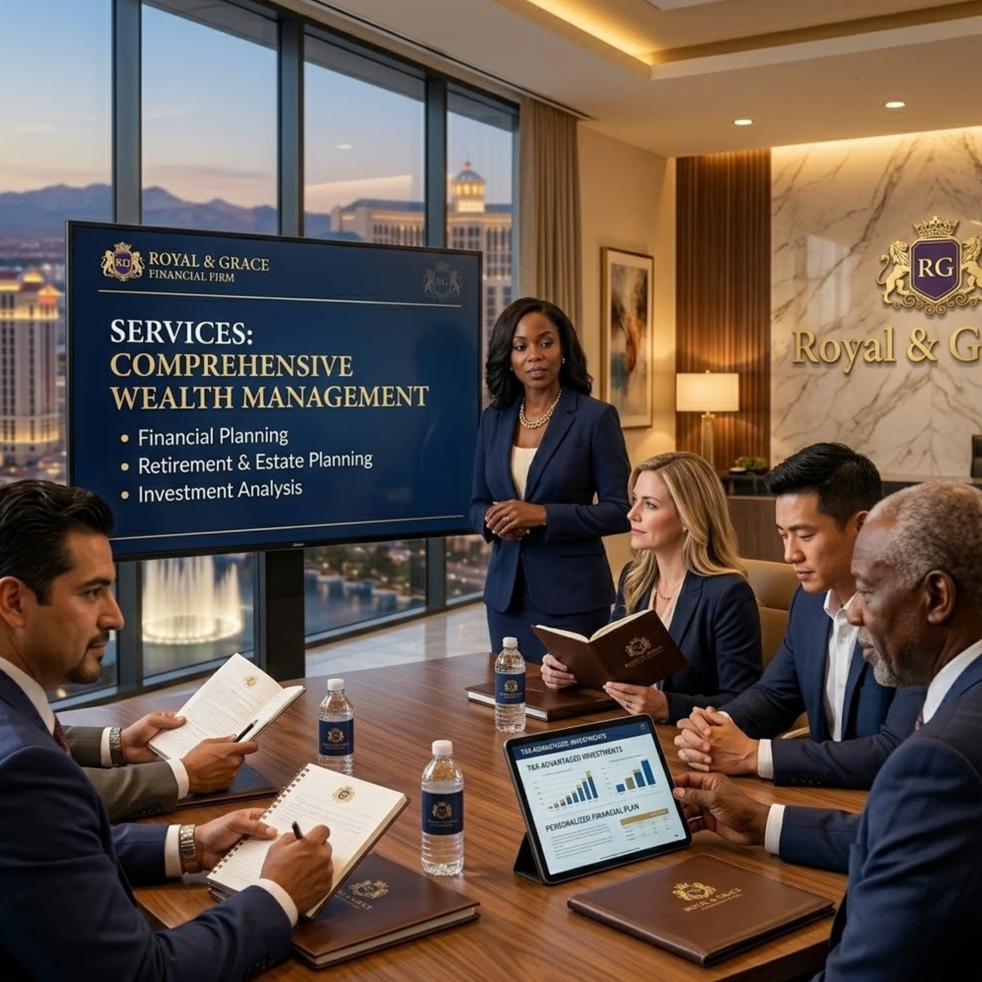 Business meeting in a high-rise office with large windows showing cityscape and mountains. Several people sit around a wooden table with documents, tablets, and water bottles. One woman stands near a display screen with financial information, demonstrating a comprehensive wealth management presentation.