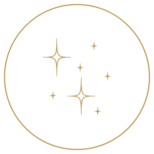 Gold outlined circle with several gold stars inside on a black background.