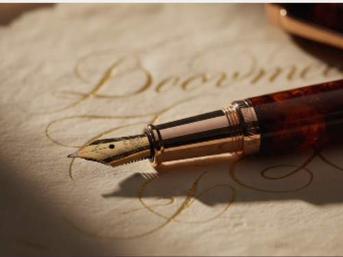 Close-up of a fountain pen resting on a piece of paper with cursive writing.