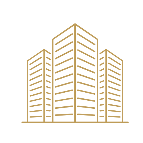Line drawing of a cityscape with tall buildings outlined in gold against a black background.