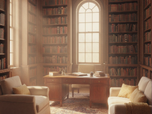 A cozy library room with tall wooden bookshelves, large window, wooden desk, and two beige sofas with pillows.