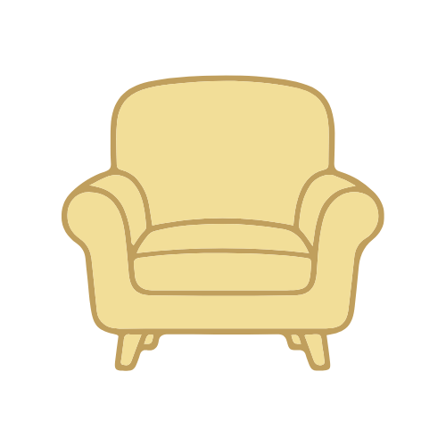 Illustration of a beige armchair with wooden legs.