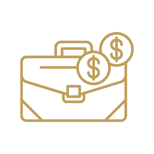 Gold outline of briefcase with two dollar coins above it, on a black background.