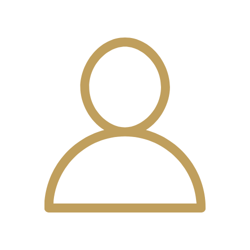 Icon of a person with a circular head and a simple torso outline, depicted in gold on a black background.