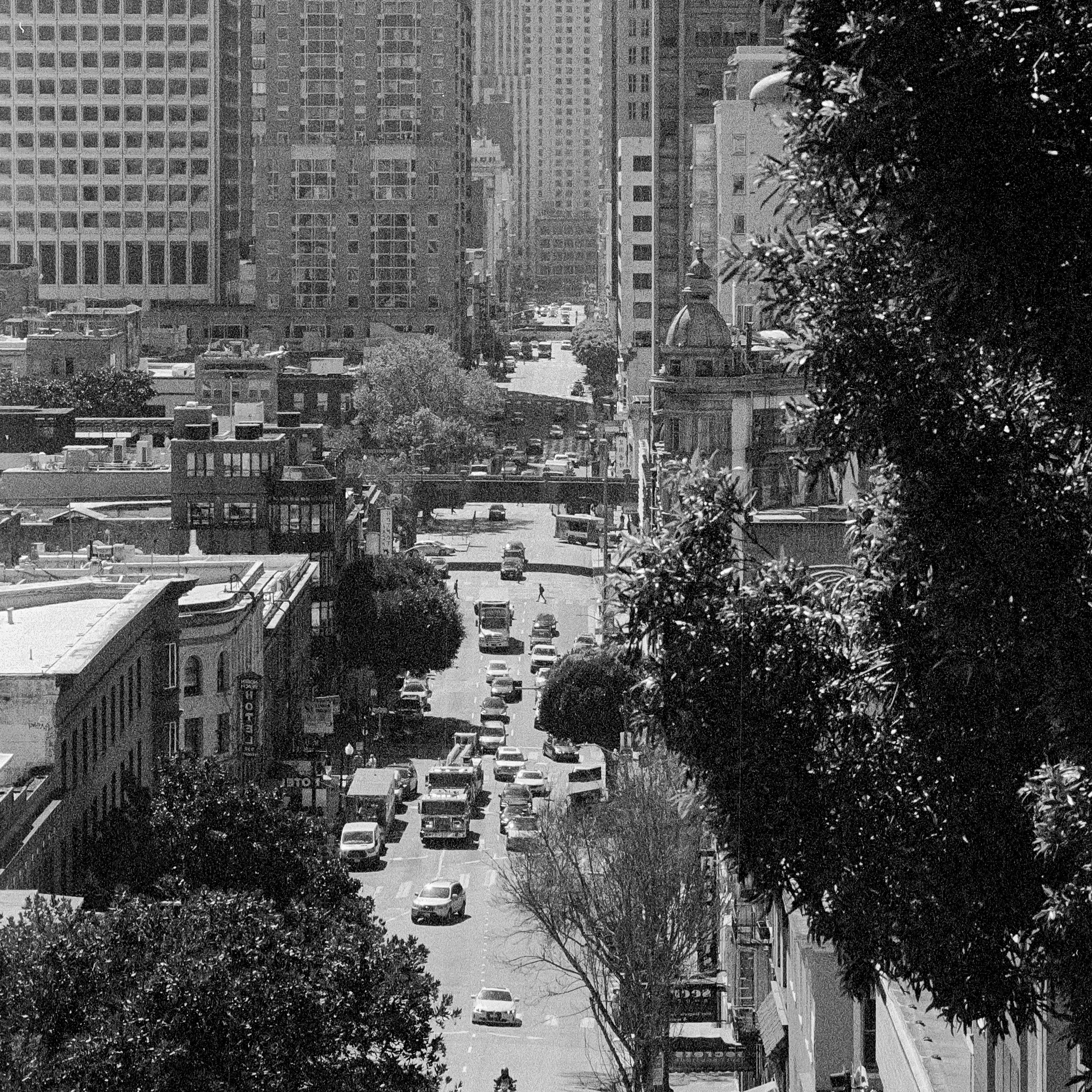 Downtown city street with tall buildings, cars parked and driving, and trees on the sides, captured during daytime.