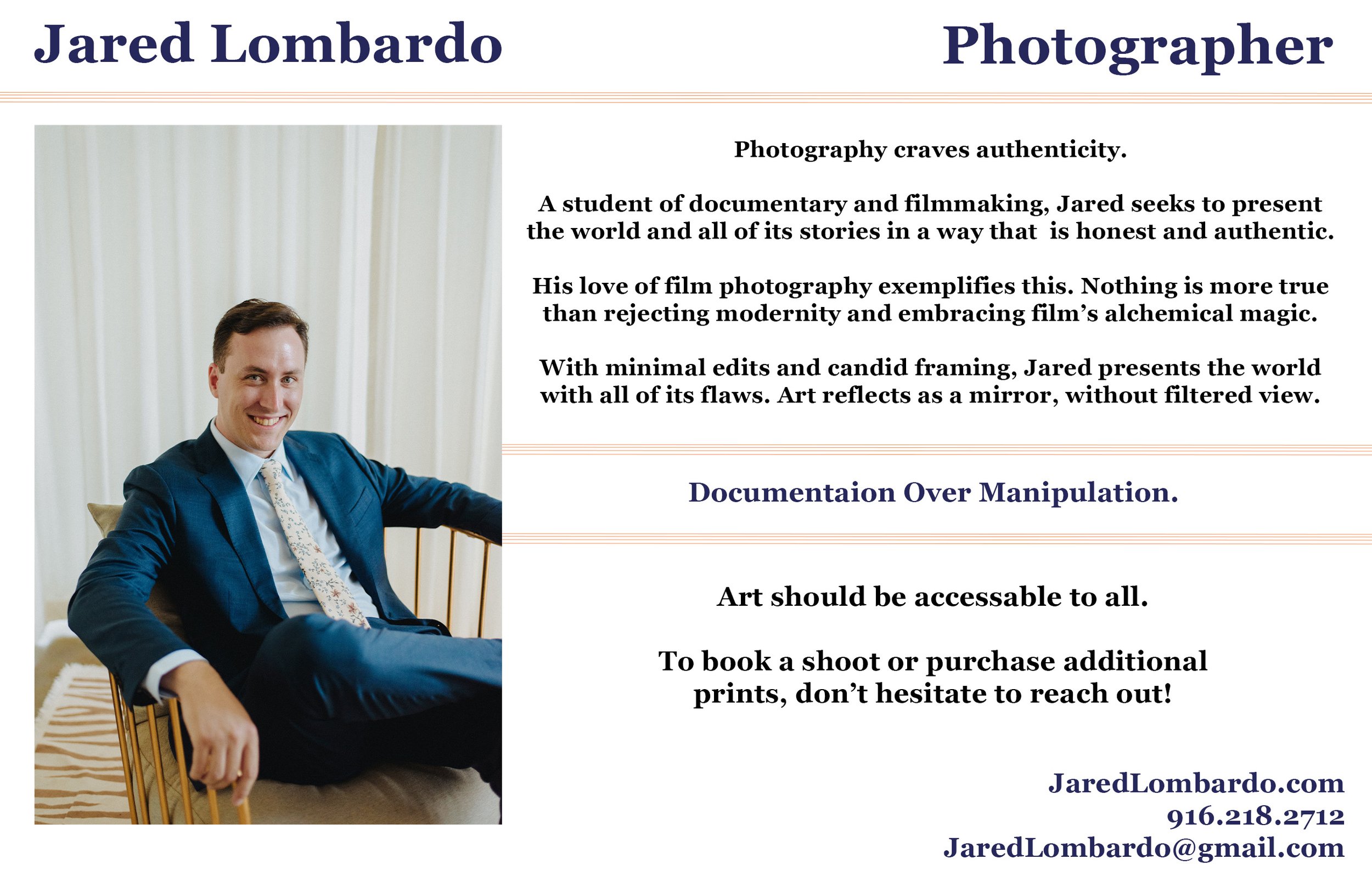 A promotional flyer for Jared Lombardo, a photographer and documentary filmmaker, featuring his professional photo and contact information.