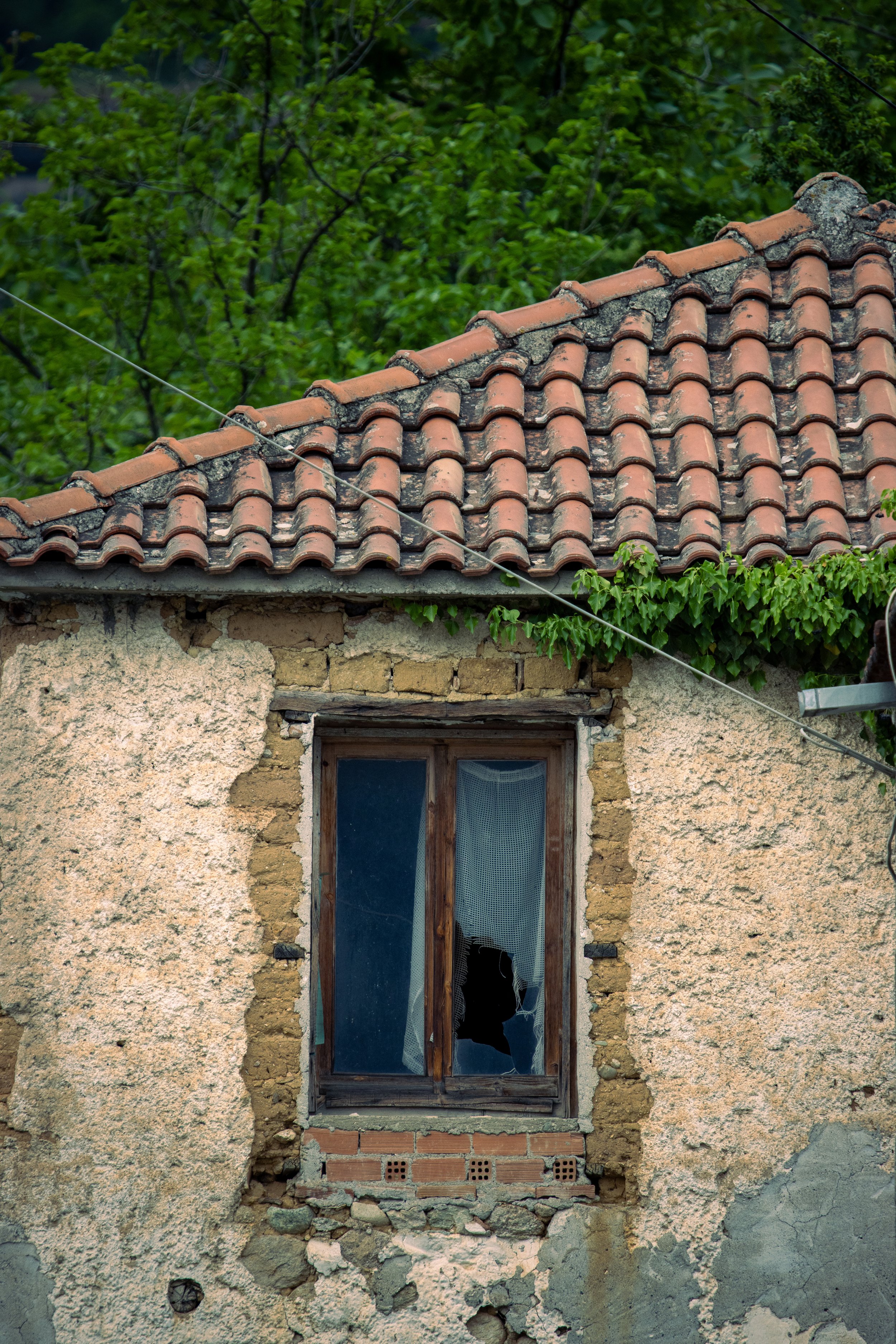 An old house with broken window and deteriorating stone and plaster wall, brown roof tiles, and lush green trees in the background.
