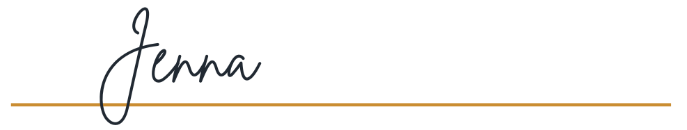 Name 'Jenna' written in black cursive font with a gold horizontal line underneath on a white background.