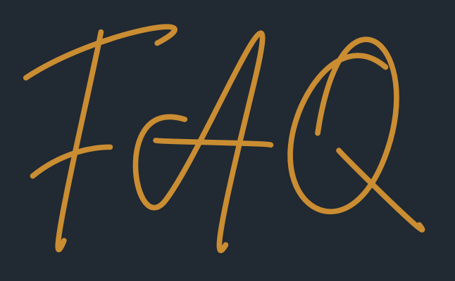 Stylized gold text on dark background spelling out 'FAQ'.