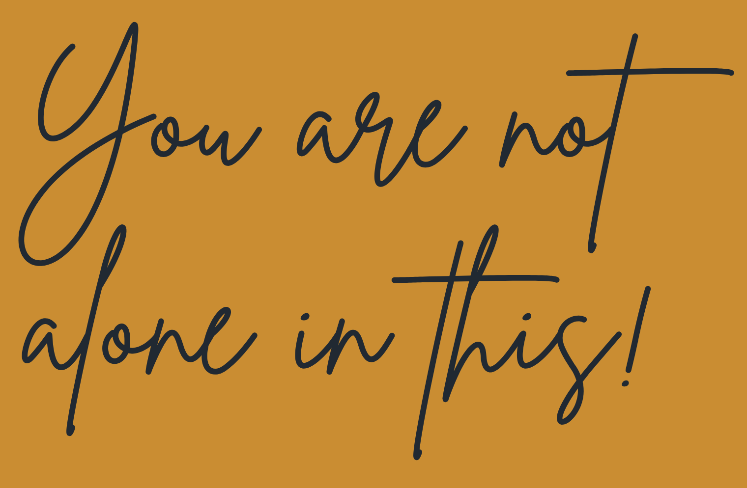 Orange background with the handwritten quote 'You are not alone in this!' in black cursive font.
