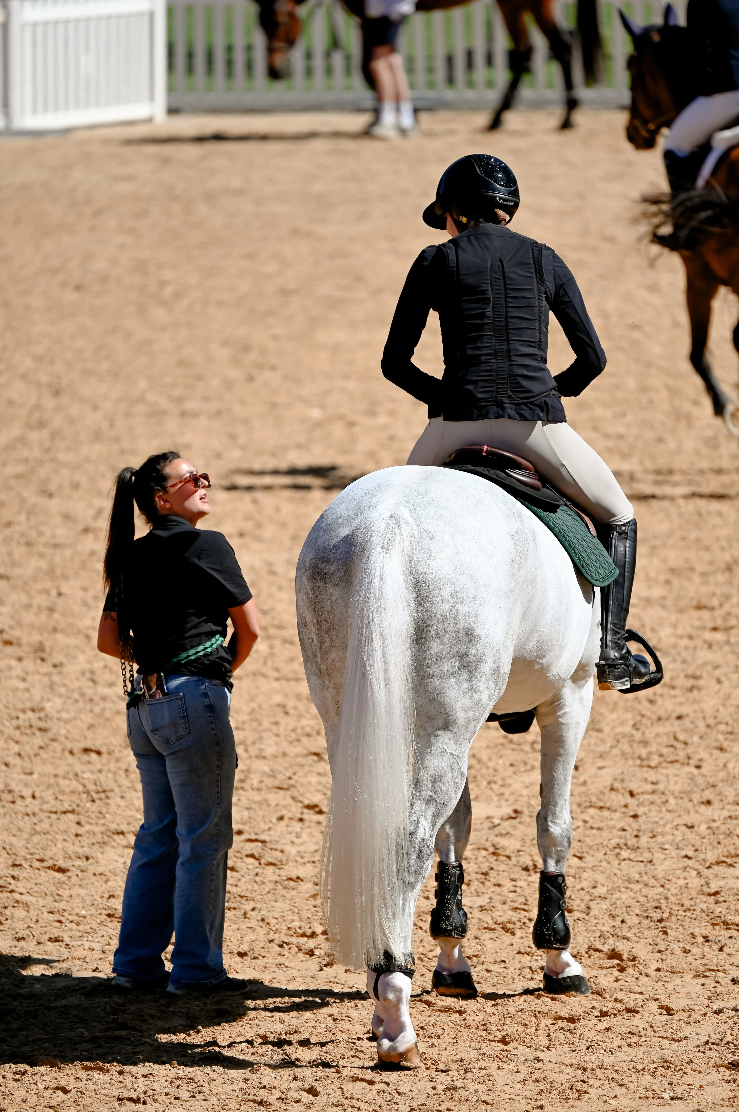 A person riding a white horse in an outdoor riding arena, with another person standing and talking to the rider. The rider is wearing a helmet, black riding jacket, white riding pants, and black riding boots. The person standing has long hair and is wearing sunglasses, a black shirt, and blue jeans.