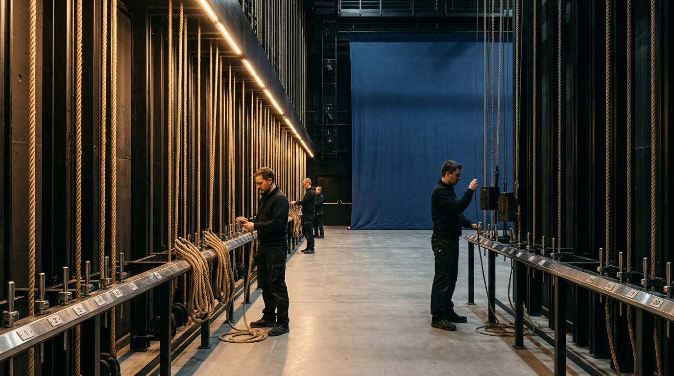 People handling ropes and cables inside a theater or stage rigging area with a blue curtain in the background.