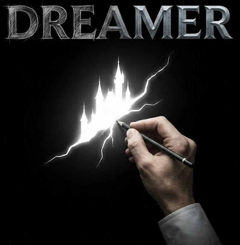 A hand drawing a glowing castle with lightning bolts on a black background, with the title 'DREAMER' at the top.