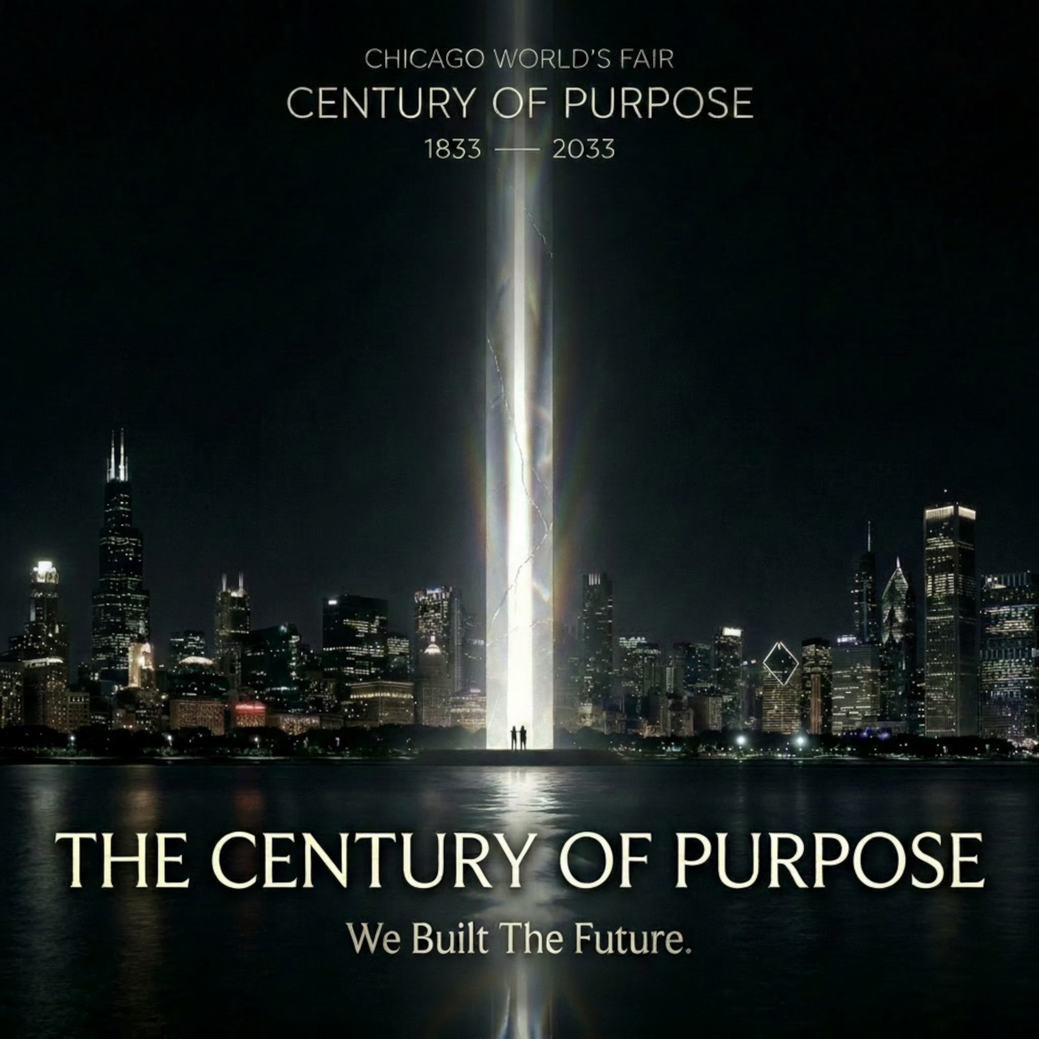 Nighttime city skyline with tall buildings and a beam of light shooting into the sky, displaying text about the Chicago World's Fair and the future.