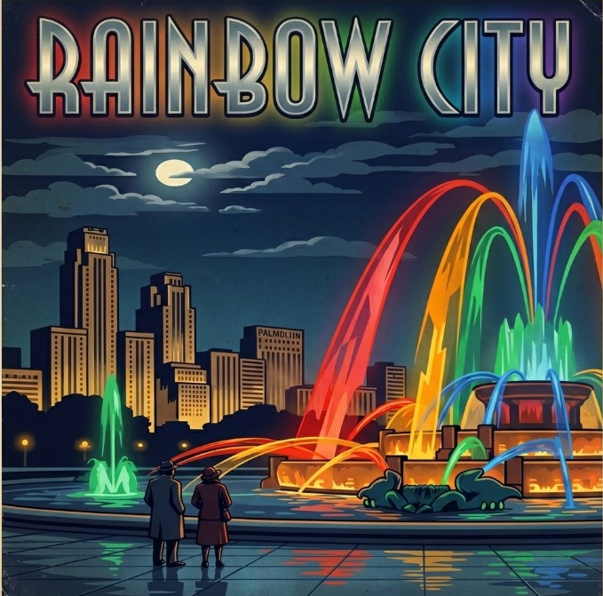Night scene of Rainbow City with a colorful fountain in the center, city skyline with tall buildings, full moon, and two people walking beside the fountain.